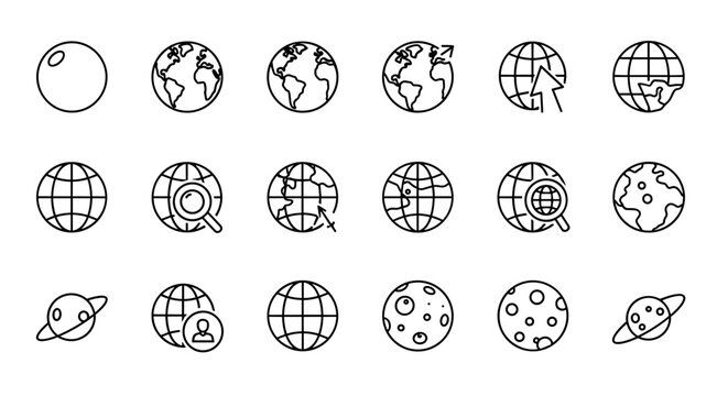 A comprehensive collection of line icons featuring globes, planets, and celestial bodies, perfect for graphic design, web development, app interfaces, and advertising. This versatile set includes