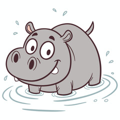 Cheerful cartoon hippopotamus playing in shallow water, smiling