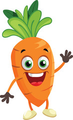 A cheerful cartoon carrot character happily waving with a friendly smile