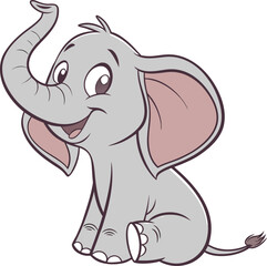 Cute cartoon baby elephant sitting happily with trunk raised