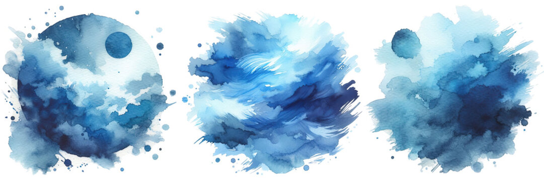 Three watercolor circles with blue and white clouds and moon like shapes inside them png on transparent background