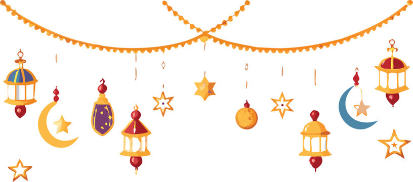 Colorful ramadan decorations with lanterns stars and crescent moon elements