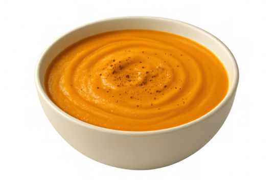Pumpkin soup with a swirl and black pepper in a white bowl, warm healthy eating with transparent background