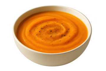 Creamy orange pumpkin or butternut squash soup with black pepper, a delicious and healthy autumn food concept on transparent background
