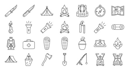 Collection of Camping and Outdoor Adventure Line Icons, Featuring Folding Knives, Tents, Campfires, Backpacks, Compasses, Maps, Flashlights, Lanterns, Sleeping Bags, First Aid Kits, Axes, Shovels