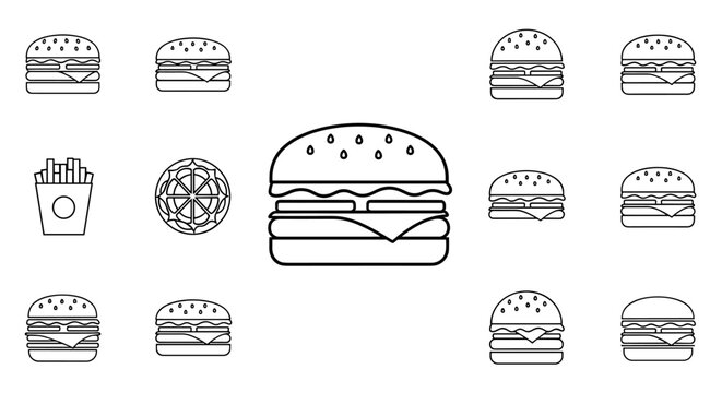 A collection of linear outline icons representing hamburgers, french fries, and a pizza slice, all presented in a clean, black-and-white style on a white background, perfect for fast food branding