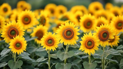Fototapeta premium Vibrant field of blooming sunflowers under bright summer sky