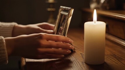 Candlelit Remembrance: Hands Holding a Framed Photo