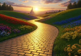 Golden path winds through hills towards sunset castle