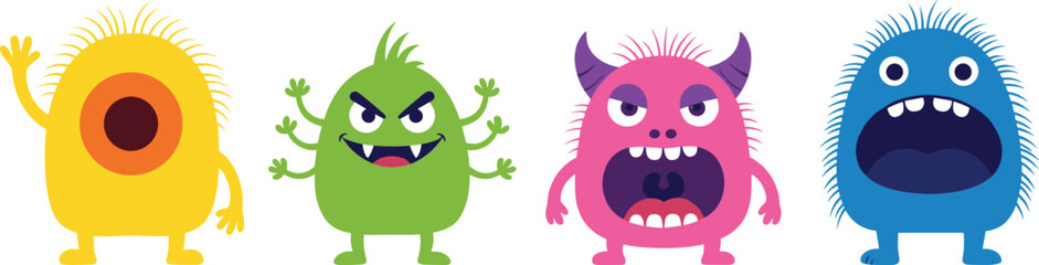 Cartoon monsters with colorful designs and unique features, character set for kids content, cad drawing flat vector illustration