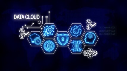 Data cloud concept with futuristic interface and glowing neon iconography on dark blue background - Powered by Adobe