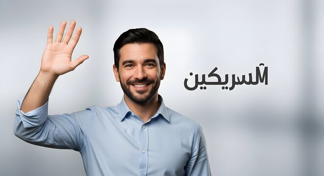A smiling man with dark hair and a beard waving his hand in a friendly gesture in front of a white background with Arabic text