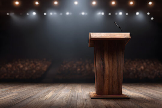 Wooden Podium Under Stage Lights in Front of Audience