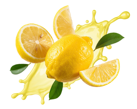 Fresh lemon with splash of juice isolated on transparent background, source of antioxidants