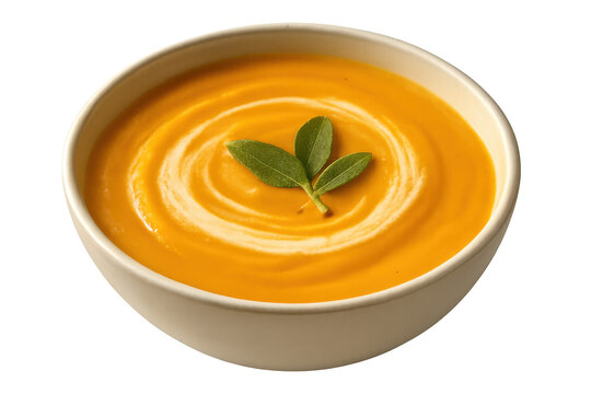Creamy pumpkin squash soup served in a white bowl with a sage garnish, swirled with fresh cream, transparent background