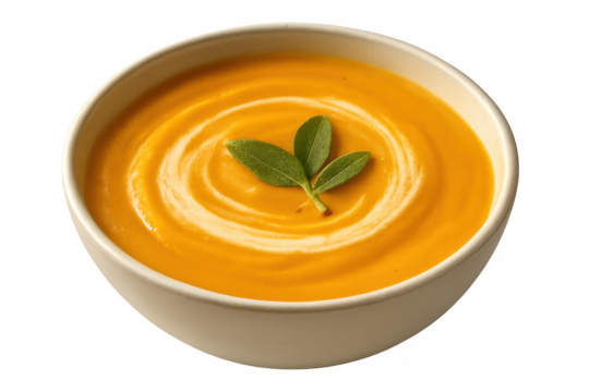Creamy pumpkin squash soup served in a white bowl with a sage garnish, swirled with fresh cream, transparent background