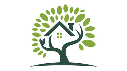 House in green leaves tree logo