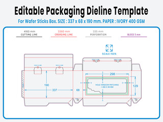 Editable packaging dieline template for wafer box. Real dimensions with cutting, creasing, and bleed guides. Ready-to-use vector file for printing and production setup.