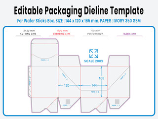 Editable packaging dieline template for wafer box. Real dimensions with cutting, creasing, and bleed guides. Ready-to-use vector file for printing and production setup.