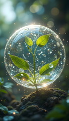 Young green plant growing inside a glass sphere symbolizing environmental protection and hope.