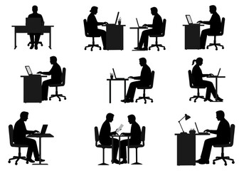 Silhouettes of people working at computers, showcasing office work in various poses