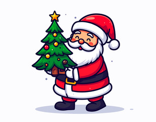 Cartoon Santa Claus Holding Christmas Tree Illustration.