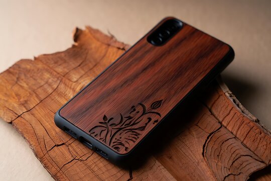 Dark wood phone case with carved pattern on wood surface stylish phone accessory for protection mobile phone cover handcrafted phone decor for nature lovers phone fashion
