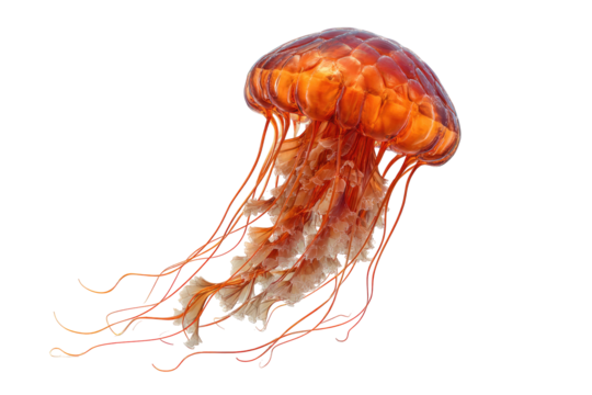 Orange jellyfish, translucent bell, long tentacles