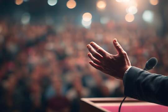 Engaging Public Speaker Addressing Crowd with Hand Gestures and Microphone