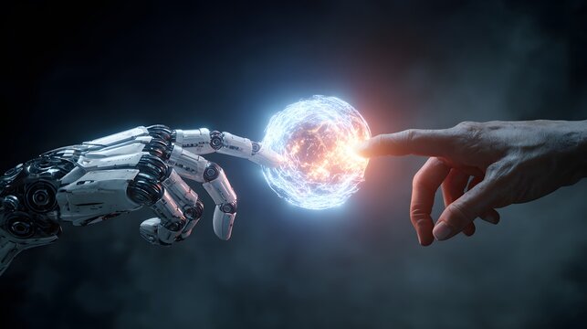 A human finger nearly touching a glowing energy sphere as a mechanical hand moves toward it in a futuristic, technological composition; the background is dark, creating contrast and emphasizing the... - Powered by Adobe
