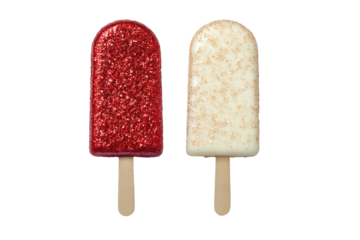 Two popsicles, one red, one white, with sprinkles