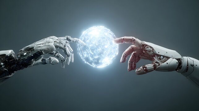 Robotic hands extending toward each other, with one metallic and one with a flesh-like appearance, almost touching a glowing sphere of light in a futuristic or technologically advanced setting. - Powered by Adobe