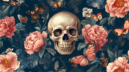A skull surrounded by pink flowers and butterflies on dark blue
