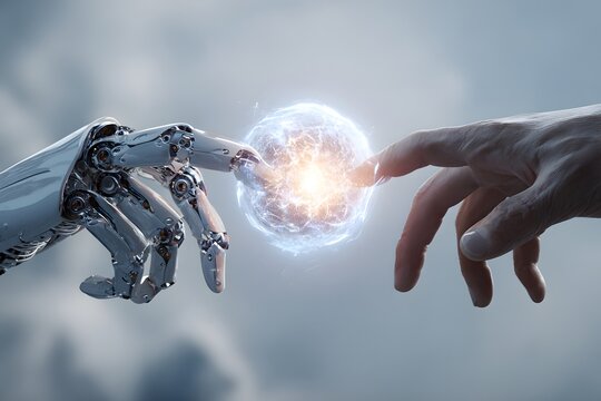 The composition presents a striking conceptual image of a robot's metallic hand and a human hand nearly touching a glowing energy sphere.