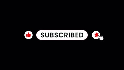 Subscribed button animation with like and notification bell icons on black background for video editing and social media overlay.