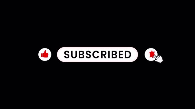 Subscribed button animation with like and notification bell icons on black background for video editing and social media overlay. - Powered by Adobe