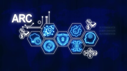Arc technology futuristic digital interface with global business and finance icons - Powered by Adobe