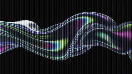 Abstract iridescent wave on a dark background with vertical lines creates a modern and futuristic design