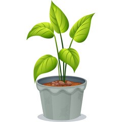 Green Potted Plant With Vibrant Leaves In A Gray Textured Pot On A White Background Detailed Vector Illustration