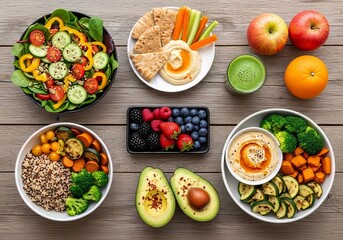 A realistic flat lay photo of plant-based food on a rustic table, perfect for healthy lifestyle concepts