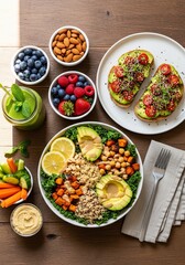A realistic flat lay photo of plant-based food on a rustic table, perfect for healthy lifestyle concepts