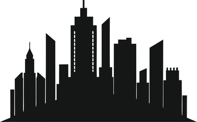 Obraz premium Black silhouette of a modern city skyline with tall buildings, minimal flat design, white background, real estate urban theme.