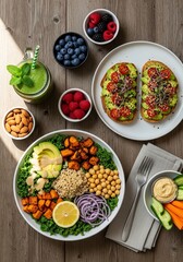 A realistic flat lay photo of plant-based food on a rustic table, perfect for healthy lifestyle concepts