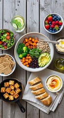 A realistic flat lay photo of plant-based food on a rustic table, perfect for healthy lifestyle concepts