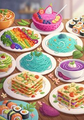An artistic food illustration in pastel tones, showcasing creative vegan dishes in a cozy setup