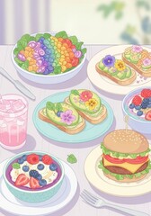 An artistic food illustration in pastel tones, showcasing creative vegan dishes in a cozy setup