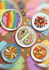 An artistic food illustration in pastel tones, showcasing creative vegan dishes in a cozy setup