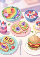 An artistic food illustration in pastel tones, showcasing creative vegan dishes in a cozy setup