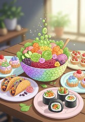 An artistic food illustration in pastel tones, showcasing creative vegan dishes in a cozy setup
