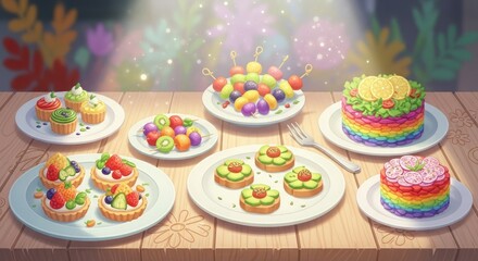 An artistic food illustration in pastel tones, showcasing creative vegan dishes in a cozy setup